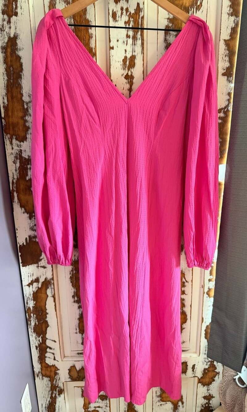 ASOS Hot Pink Crinkle Midi Dress Long Sleeve Size 4 Open Back Boho Y2K